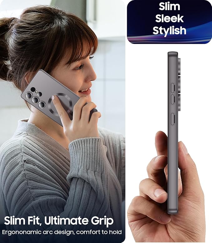 Magnetic for Samsung Galaxy S25 Ultra Case [Compatible with MagSafe][Built-in Camera Lens Protector] Slim Soft Silicone Bumper Shockproof Metallic Luster Phone Shell (Gray)