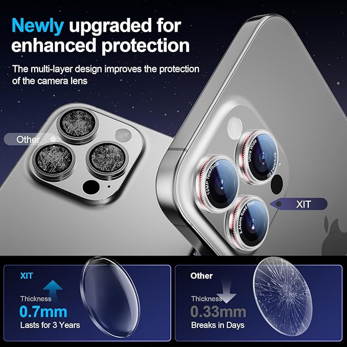 X-it 2 Pack Camera Lens Protector, Shatterproof Protection Anti-Scratch Ultra HD Camera Protector, Anti-Glare 9H Tempered Glass Lens Protector for iPhone 16 Pro Max/16 Pro, Case Friendly, Silver Red