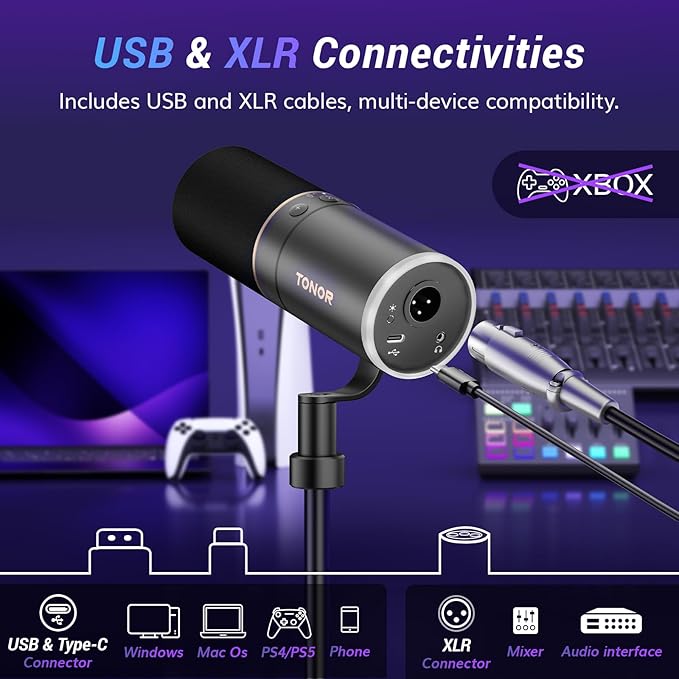 TONOR XLR/USB Gaming Mic, Dynamic Microphone for Podcast Recording Streaming with RGB Light, Mute Button, Headphones Jack, Monitoring, Desktop Stand, Metal Vocal Mic for PC Mac Android PS4/5 TD520S