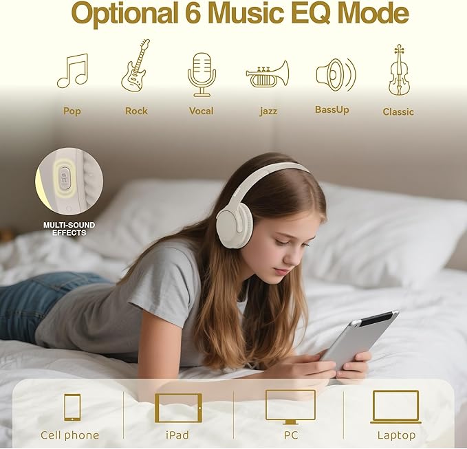 MIDOLA Bluetooth Headphones Over Ear 68H Playtime 6 EQ Wireless Headset with Microphone HiFi Stereo Foldable Lightweight Deep Bass for Travel Home Office Cellphone Milk White