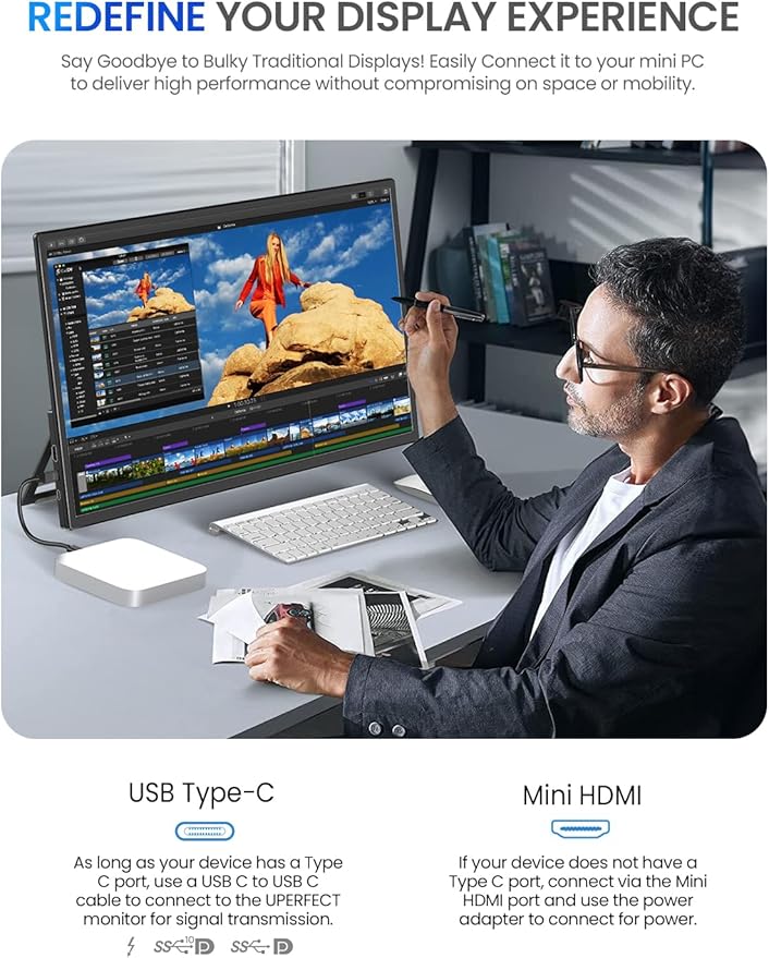 UPERFECT 21.5” 120HZ Portable Monitor w/Kickstand & VESA, Large Portable Gaming Monitor with HDMI Type C, External Dispaly for Laptops, Steamdeck, MacBook, Phones, Mini PC