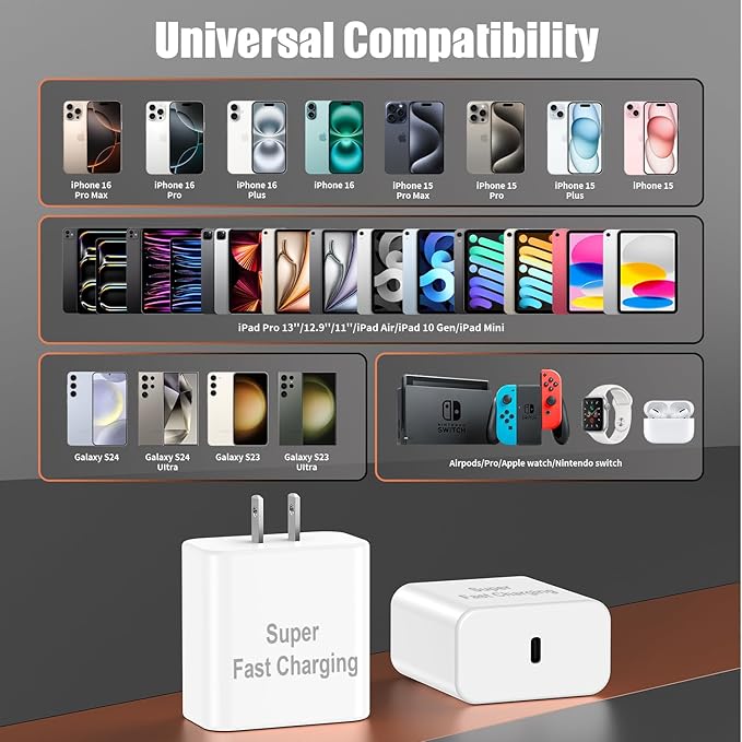 iPhone 16 Pro Max Charger Fast Charging, 45W Super Fast USB C Chargers for iPhone 16 15 6FT+6FT+10FT Type C Chargers Cord with Fast Charger Block for iPhone 16/16 Pro Max/15/15 Pro Max/iPad/ GalaxyS24