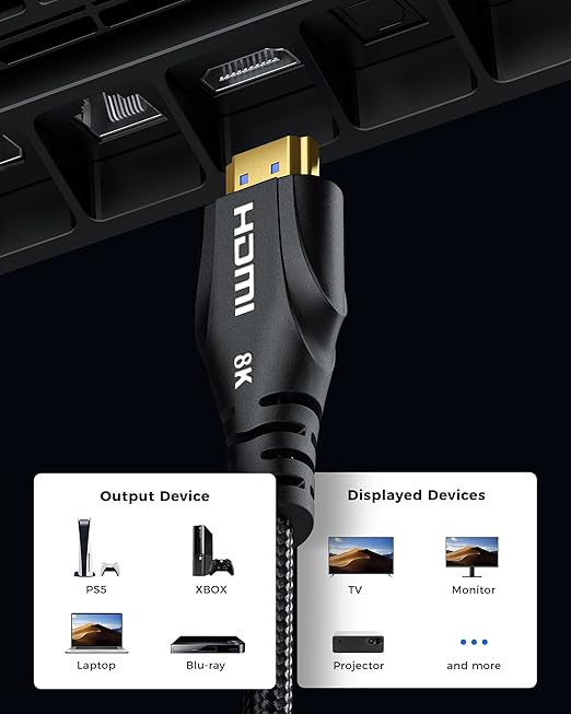 HDMI Cable 20FT Long - 8K HDMI 48Gbps High-Speed HDMI Braided,8K 60Hz 4K120Hz,HDCP 2.2&2.3, HDMI Cord Compatible with TV/PS4 /PS5