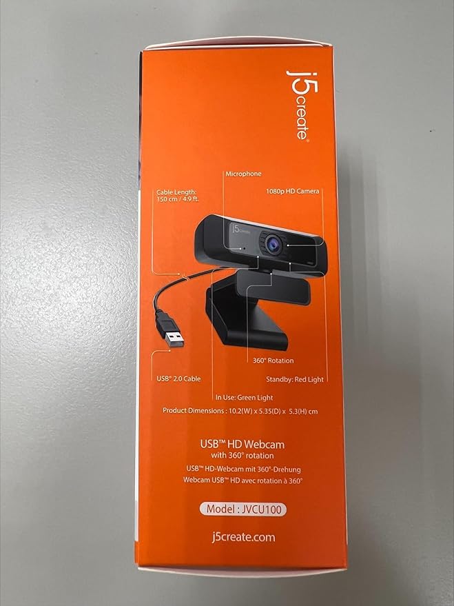 j5create USB Streaming Webcam - 1080P HD with 360° Rotation, High Fidelity Microphone, Plug and Play for PC/Mac/Laptop/Desktop/Skype/YouTube/Zoom/Facetime, Suitable for Conferencing/Calling (JVCU100)