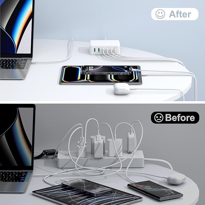 USB C Fast Charger, 150W 6 Port Desktop PD GaN Fast Charger Charging Station Block 65W USB C Laptop Power Adapter for MacBook Pro/Air iPad iPhone 16 15 14 13 Pro Max Galaxy S24 Note 20 Pixel
