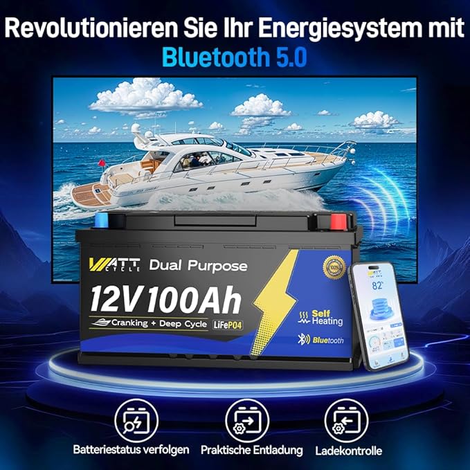12V 100Ah Dual Purpose Marine Cranking LiFePO4 Lithium Battery Bluetooth 1200CCA / 1500MCA, Starting Lithium Batterys with Self-Heating, Built-in 200A BMS, Perfect for Trolling Motor, Boat