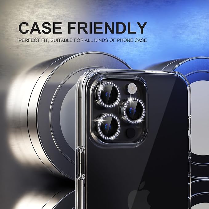 Choiche Compatible for iPhone 15 Pro/iPhone 15 Pro Max Camera Lens Protector Bling, 9H Tempered Glass Camera Cover Screen Protector Metal Ring Decoration Accessories (Diamond-Black)