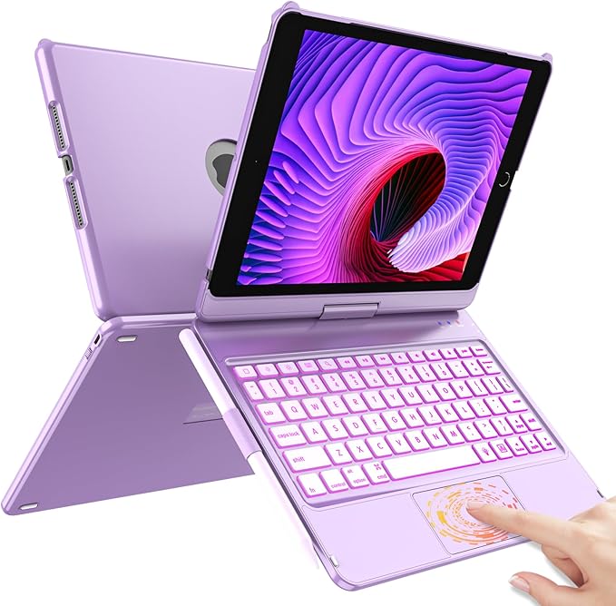 HOTLIFE Case with Keyboard for iPad 10.2,Touch Trackpad Keyboard Case for iPad 9th Generation/8th/7th Gen, 10 Corlor Backlit - 360° Rotatable Protective Cover with Pencil Holder