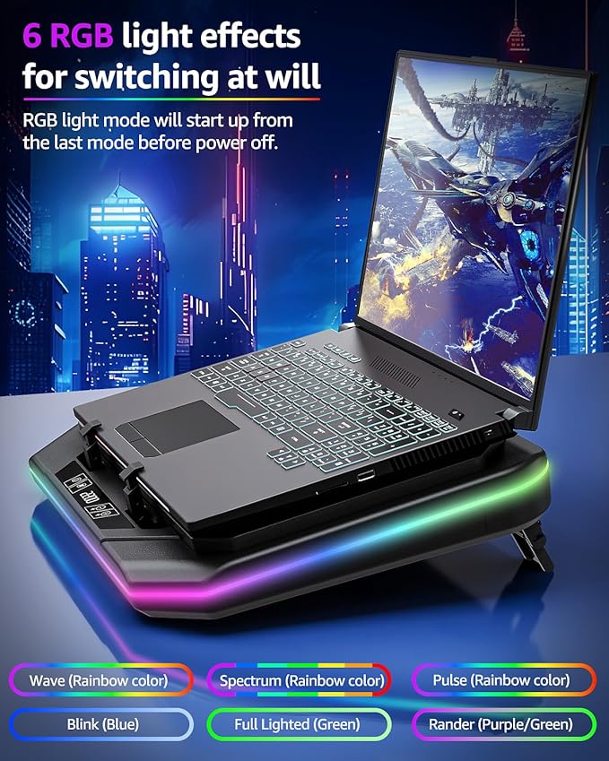 MOUNTUP RGB Laptop Cooling Pad for 13-19 Inch, Max 3500RPM Gaming Laptop Cooler, Cooling Pad Stand with Touch Switch to Control Speed, Laptop Fan Cooling Pad with Powerful 4.72 Inch Turbo Fan