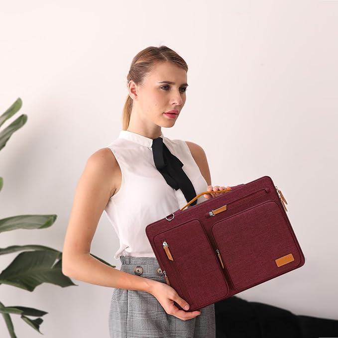 MOSISO 360 Protective Laptop Shoulder Bag,15 inch Computer Bag Compatible with MacBook Air M4 M3 M2/Pro A1990 A1707, Dell XPS Plus,Side Open Messenger Bag with 4 Zipper Pockets&Handle, Wine Red