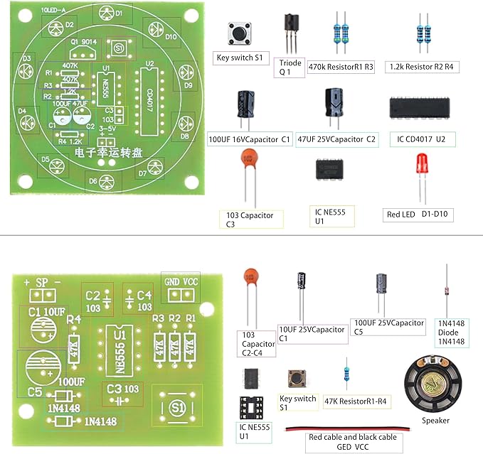 5in1 Soldering Practice Kit Mini Musical Tesla Coil, Plug-in Flowing Light,Doorbell, Sound-Activated Flowing Light, and Lucky Roulette Wheel Soldering Projects Soldering Practice for Teens
