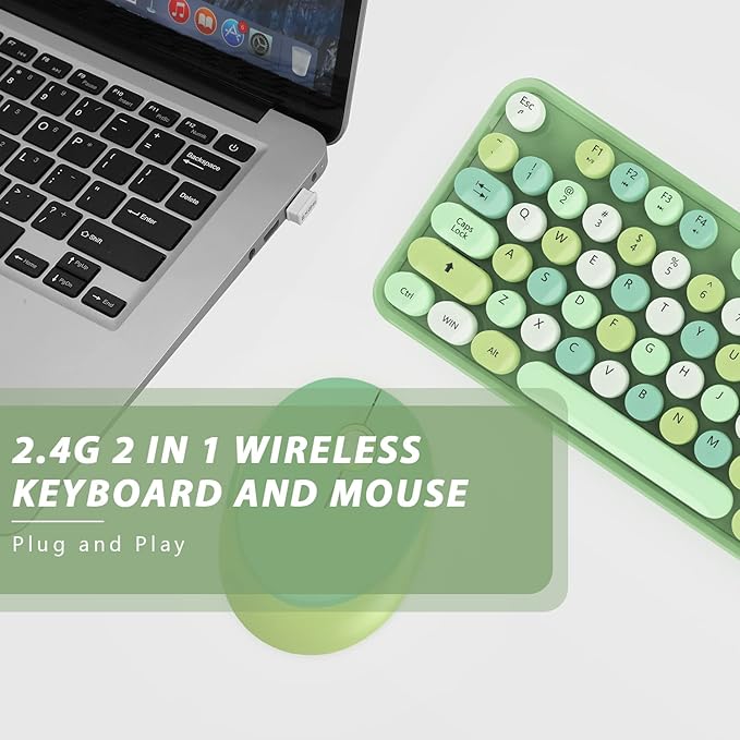Green Wireless Keyboard and Mouse, KOOTOP Cute Green Colorful Keyboard and Mouse, 2.4G Wireless Keyboard with Retro Round Keycap for PC, Mac, Laptop,Tablet,Computer Windows (Green)