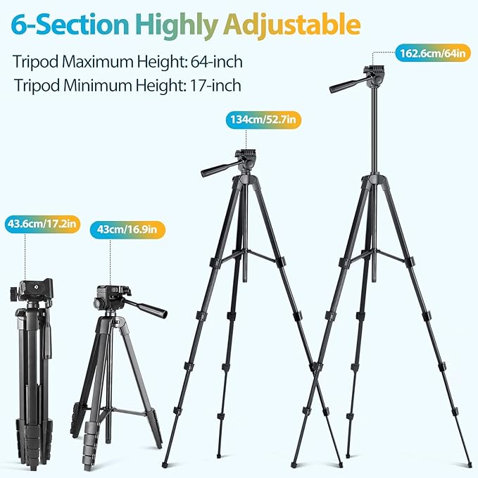 Aureday Phone Tripod Stand, 64” Extendable Cell Phone&Camera Tripod with Wireless Remote and Phone Holder, Aluminum iPad Tripod for Video Recording/Selfies/Live Stream/Vlogging
