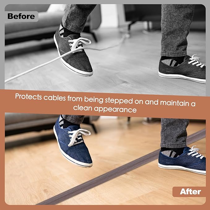 Floor Cord Cover for Wires on Floor Self Adhesive Cord Hider Floor Cable Management Wire Covers for Cords Protector Prevent Cable Trips Cord Cavity W 0.51" x H 0.31", Grayish Brown Wood, 20Ft