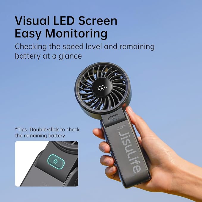 JISULIFE Handheld Fan Life7 – Ultimate Flexibility: High-Power Motor, LED Display, 19.5 Hrs Cooling, 5000mAh Rechargeable, 5-Speed, Foldable Design, 3-IN-1 Portable Fan for Travel Cruise Beach(Black)