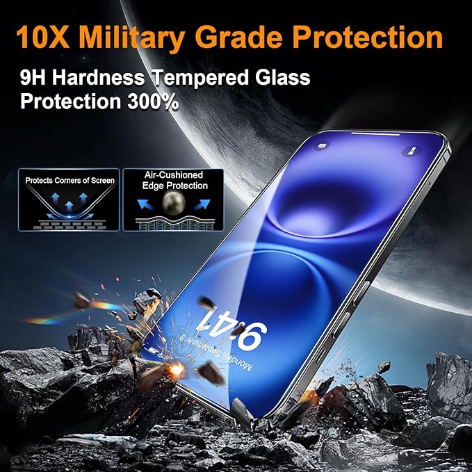 OneFish Screen Protector Privacy for iphone 16, Airbag Edge Protection, Anti Spy Private Tempered Glass Film with Installation Frame, 9H Scratch Resistant, Easy Installation, 2Pack.