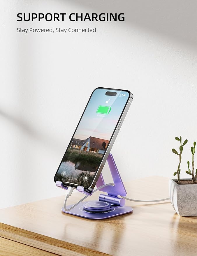 Nulaxy Rotatable Cell Phone Stand, Fully Adjustable Foldable Desktop Phone Holder Cradle Dock, Thick Case Friendly, Compatible with All Phones, Nintendo Switch, Purple