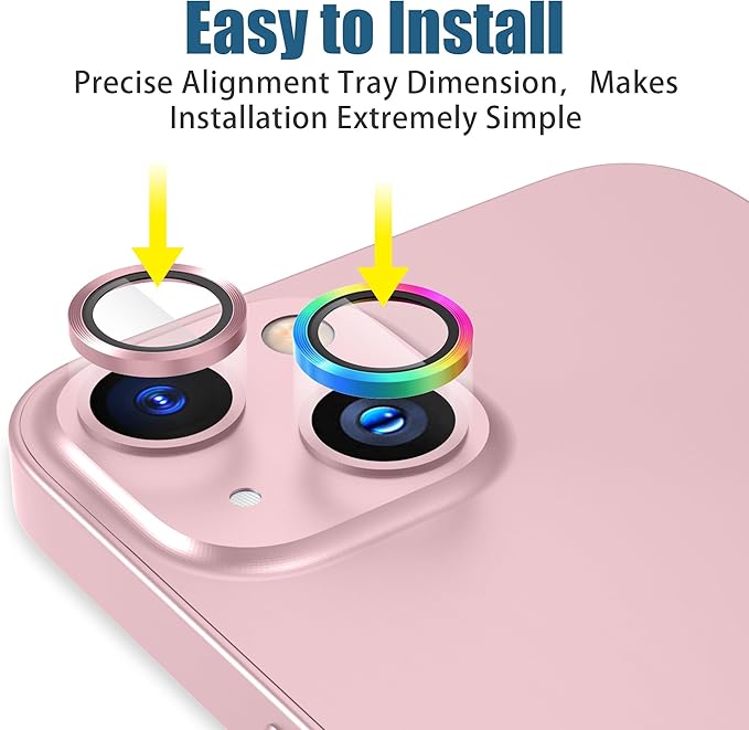 AGVEE 3+3 6 Pack for iPhone 15 6.1" / 15 Plus 6.7" Camera Lens Cover Protector, Metal Ring 9H Tempered HD Glass Camera Cover Protector Film, Pink