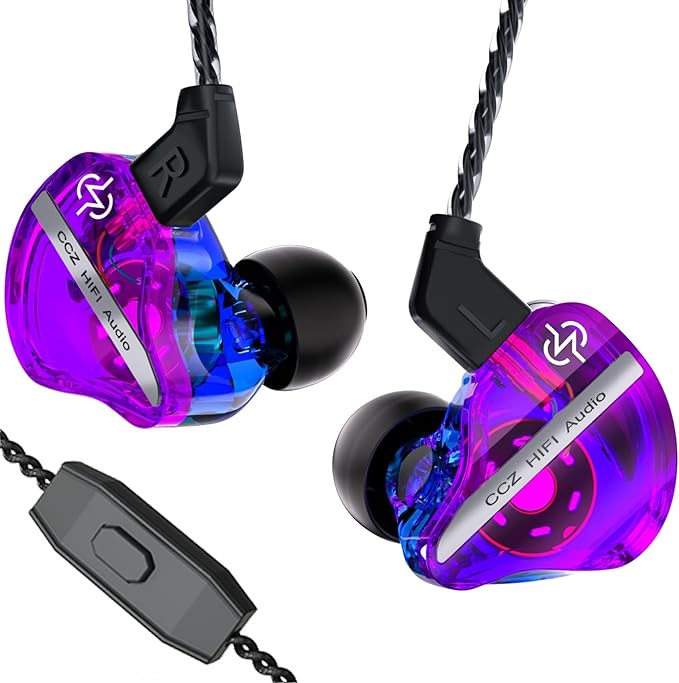 CCZ DC01 Pro Gaming Earbuds, Professional iem for Gaming, Super Bass in Ear Monitor Headphone Wired Earphone with 1DD, Patent Ear fin Eartips, for School Student Laptop Podcaster(Purple-Blue with mic)