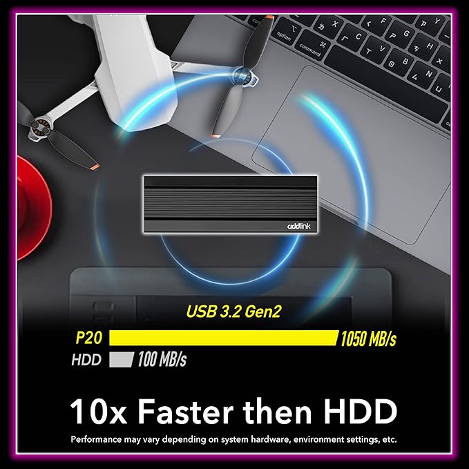 Addlink External Portable SSD 512GB P20 USB 3.2 Gen2 up to 1050MB/s, 3D TLC USB C Solid State Drive, for PC Laptop Mac Windows Linux Android PS4 PS5 Xbox One Smart TV (ad512GBP20B32) Made in Taiwan