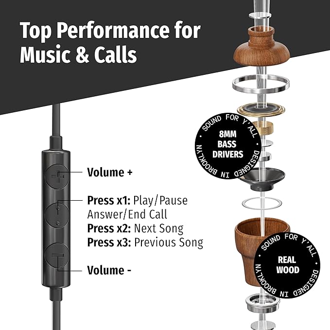 Symphonized Premium Wooden Airtube Headphones EMF Earbuds, 3D Sound, Microphone Volume Control, 8mm Bass Drivers Granting High Audio Quality 3.5mm Jack