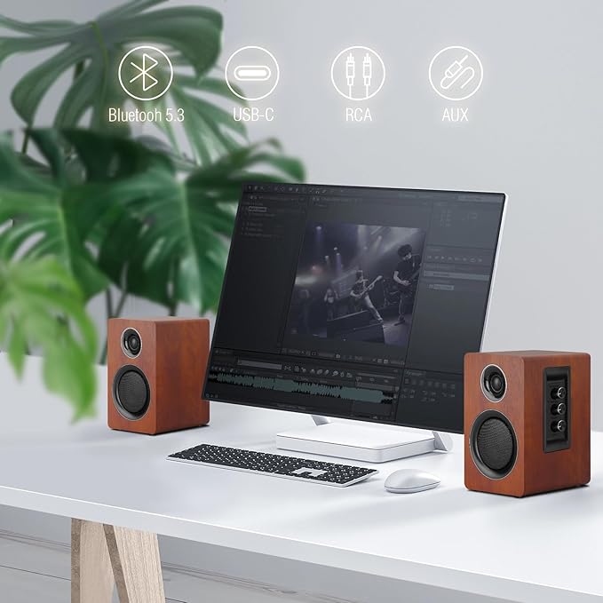Computer Speakers for Desktop PC, Active Bookshelf Speaker with 3‘’ Carbon Fiber Woofer and Silk Film Tweeter ,Supports Bluetooth 5.3, USB-C, AUX/RCA Input for Record Player TV - Brown Stereo Set