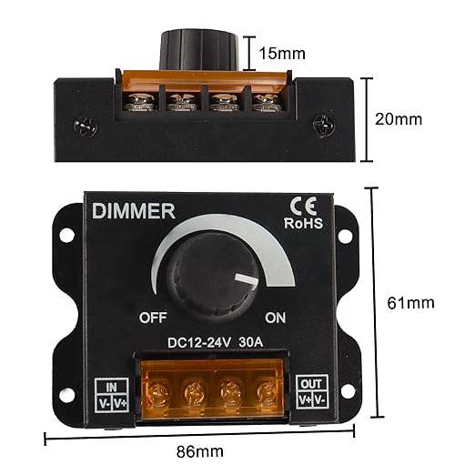MEIRIYFA LED Light Strip Dimmer,DC 12V-24V 30A LED Light Strip Dimmer PWM Dimming Controller with ON/Off Switch Knob and Aluminum Case for 5050 3528 LED Strip Lights Adjust Brightness