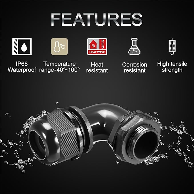 LeMotech M20 Cable Gland, 90 Degree Adjustable 9-14mm Strain Relief, Cord Connectors Nylon Joints with Gaskets, 2 Pcs, Black