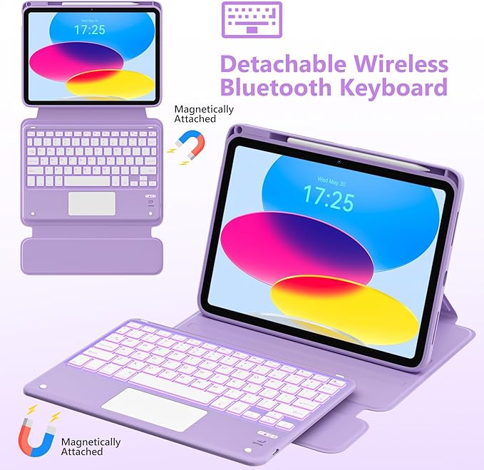 TaIYanG Touchpad for iPad A16 11th/10th Generation Case with Keyboard, 7 Color Backlit 360 Rotation Cover with Pencil Holder,Detachable Keyboard for iPad 11 inch 2025/10th Gen 10.9'' 2022 (Purple)