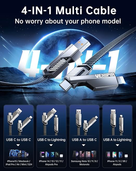 [Upgraded] Vexipia 4-in-1 Long USB C Cable 60W 10FT Lightning Cable Fast Charging Flat Nylon Braided for iPhone iPad Charger Cord[480Mbps Data Sync] Multi Charge Combo with Lightning/Type C/USB A Port