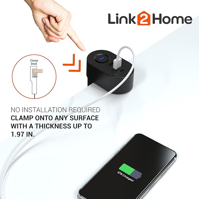 Link2Home Clamp-On Desk Power Strip with 3 Outlets, 3 USB Ports (20W PD Type-C), 6 Ft. Cord, Overload Protection, No Installation Required