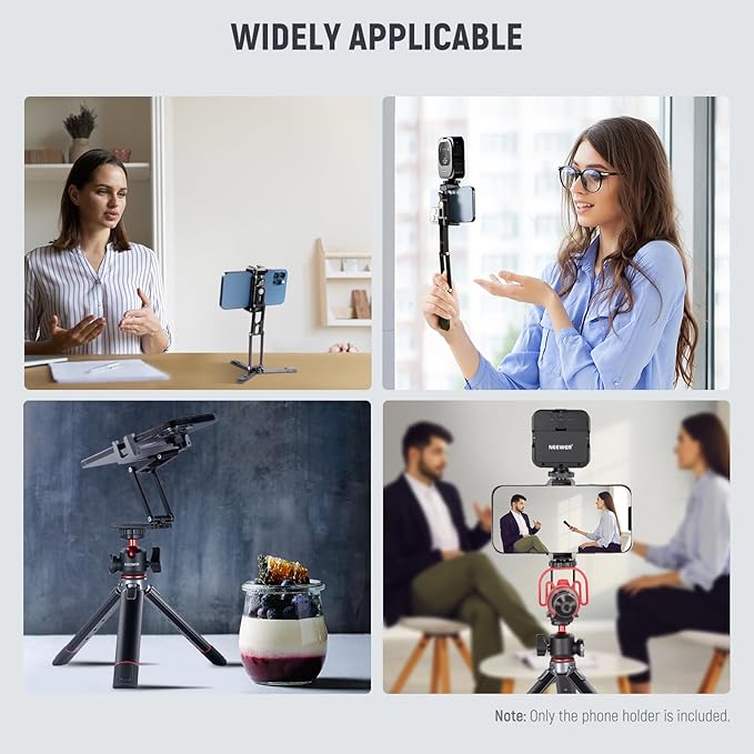 NEEWER Phone Tripod Mount with Cold Shoes, Metal Smartphone Adapter Compatible with iPhone, Multi Angle Tri Fold Cell Phone Holder, Handheld Grip for Streaming Vlog SP-04