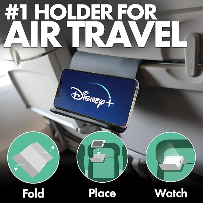 Folden Airplane Phone Holder, Flexible Tablet and Cell Phone Holder, Folding Cellphone Stand for Desk, Bed, Office, Treadmill - Airplane Accessories Long Flight Travel - Plane Essentials (Silicone)