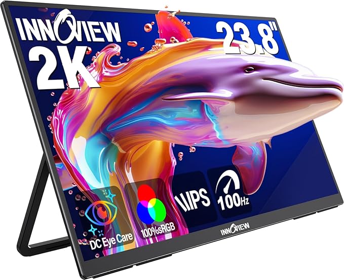 InnoView 23.8 Inch 2K 100Hz Large Portable Monitor ∆E<2 100% sRGB Fast IPS Portable Gaming Monitor QHD w/180° Adjustable Stand USB-C HDMI Laptop Monitor for PS5/4 Desktop MacBook Switch Xbox 2560X1440
