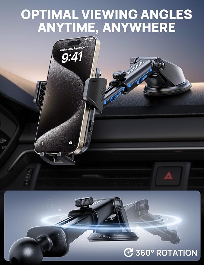 [2025 New] Dashboard Phone Holders for Your Car (+Air Vent Clip) [Military Grade Stable] , Car Cell Phone Holder, Rotatable Suction Cup Car Phone Mount for All Phone (Pink)