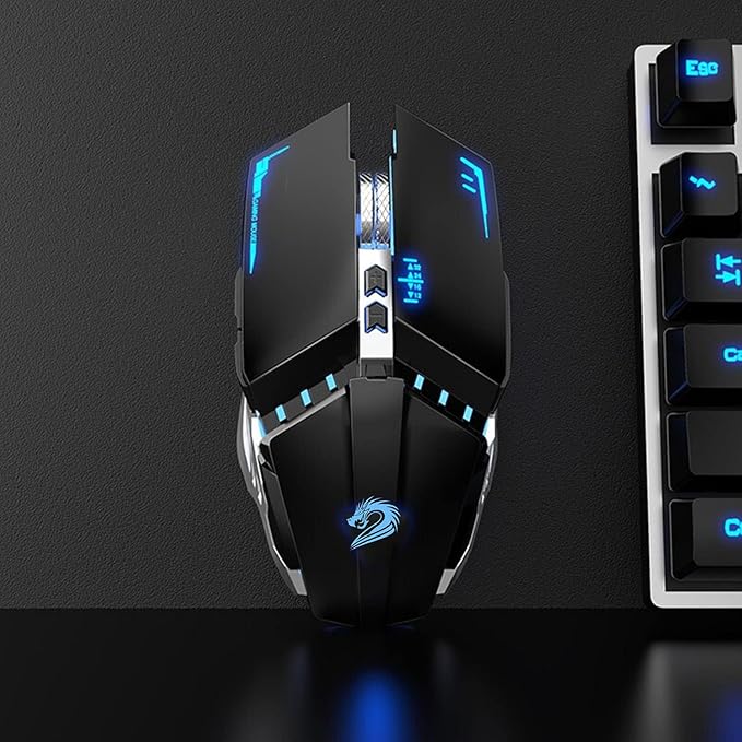 TENMOS T12 Wireless Gaming Mouse Rechargeable, 2.4G Silent Optical Wireless Computer Mice with Changeable LED Light for Laptop PC, 7 Buttons (Black)