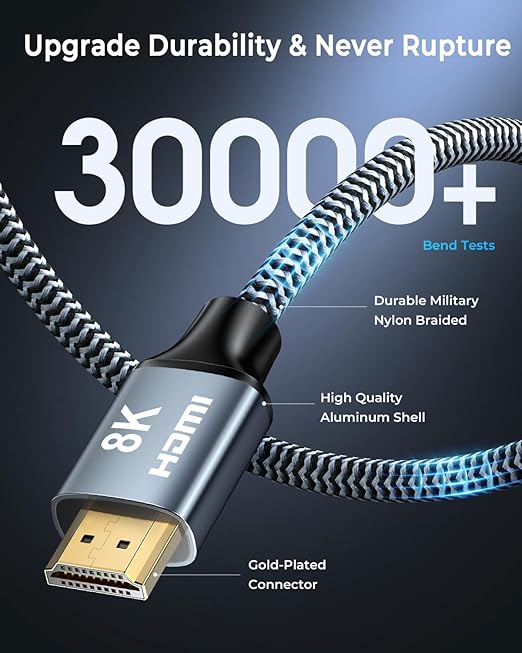 8K HDMI Cable 25 ft, 48Gbps High Speed HDMI 2.1 Cable, Braided HDMI Cable 2.1 8K 60Hz 4K 120Hz Support for HDR eARC HDCP 2.2/2.3, HDMI Cord Compatible with HDTV, Laptop, Monitor, PC