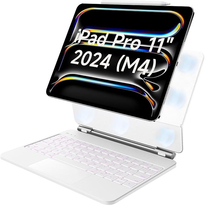 HOU iPad Pro 11 Inch Case with Keyboard(M4,2024,ONLY),iPad Pro 11 Inch (5th Gen) Keyboard Case,Multi-Touch Trackpad,7 Colors Backlight,Easy-Set Magnetic Stand,QWERTY White