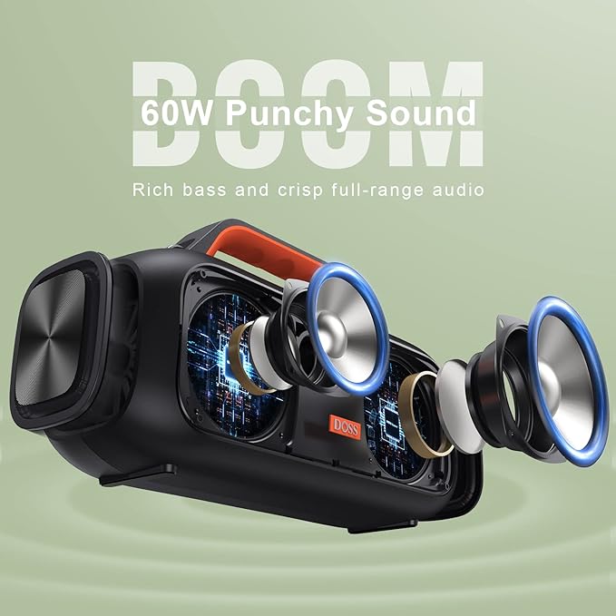 DOSS Extreme Boom Bluetooth Outdoor Speaker with 60W Mighty Sound, Deep Bass, 30H Playtime, USB-C, Bluetooth 5.3, IPX6 Waterproof with Portable Strap for Camping, Beach, Garage-Orange