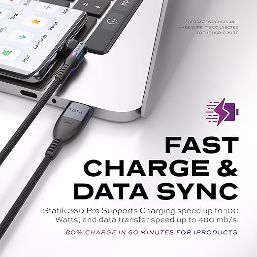 Statik 360 Pro Magnetic Charging Cable - Type C Charger Fast Charging 3 in 1 USB C to USB C Cable, Micro USB & iProduct Tips, USB A Adapter, Fits All Devices - 100W Fast Charger, Black 10FT/3M