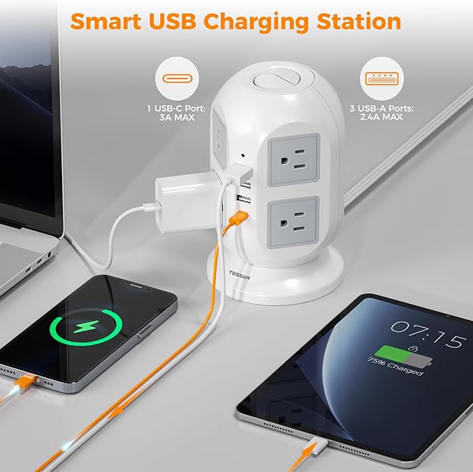 TESSAN Tower Surge Protector Power Strip 10 ft, Long Flat Extension Cord with Multiple Outlets, 8 AC Outlets with 4 USB Ports (1 USB C), Charging Station with Surge Protection, for Home Office Dorm