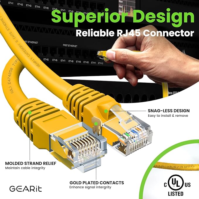 GEARit Cat 6 Ethernet Cable (1-Pack 1 Foot) Cat6 Network Patch, 10Gbps, RJ45, Snagless Cord, Gold-Plated Connectors, Internet for PC, TV, Tablet, Router, Printer, Servers, IT Data Center - Yellow