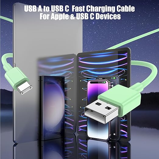 3-Pack Green [3.3FT+3.3FT+6FT] USB A to USB C Cable，USB to USB C Car Carplay Cable for iPhone 16 15 Pro Plus Pro Max，for iPad Pro/Air/Mini，for Samsung S24/S23/S22/S21，for MacBook Pro/Air and More