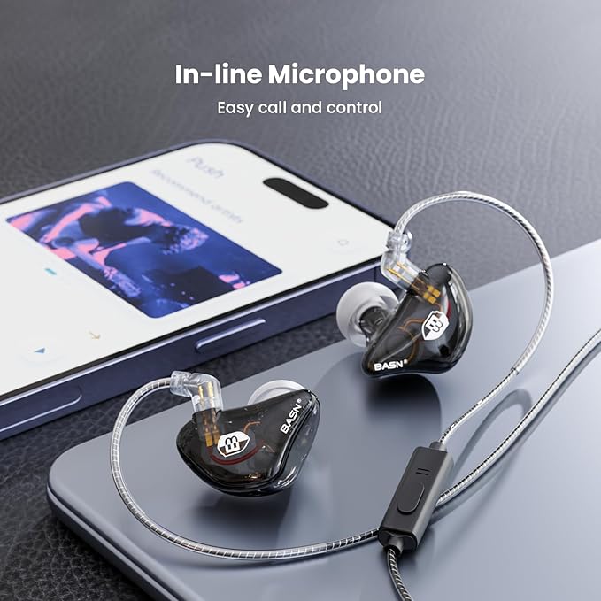 BASN Bsinger Professional in Ear Monitor Headphones, Dual Drivers 2-Pin IEM Earbuds with Mic, Clear Sound HiFi Earphones for Musicians Drummers and Stage (Black, 2-Pin)