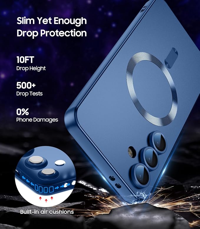 Magnetic for Samsung Galaxy S25 Plus Case [Compatible with MagSafe][Built-in Camera Lens Protector] Slim Soft Silicone Bumper Shockproof Metallic Luster Phone Shell (Blue)