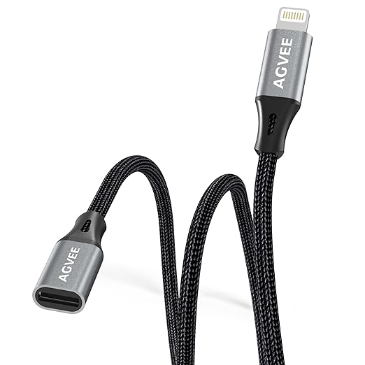 AGVEE 1ft Lightning Extension Cable, Braided Female to Male Extender Full Function Cord Compatible with iPhone iPad, Data Sync Video Audio & Charging Connector Adapter, Dark Gray