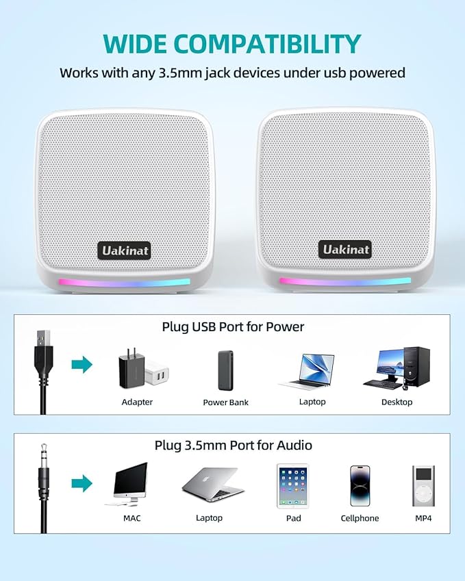 Computer Speakers,Computer Speakers for Desktop PC,Desktop Speakers,USB Powered 3.5mm Aux Speaker for PC,Laptop,Tablet,Phone(White)
