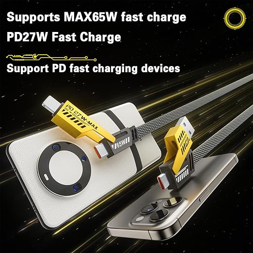 2Pack 4 in 1 Fast Charging Cable, Transferring Data, 6.65 Ft, Braided Cable 65W, USB C USB A and IP, Multiple Charging Cable for Phone/Pad/More