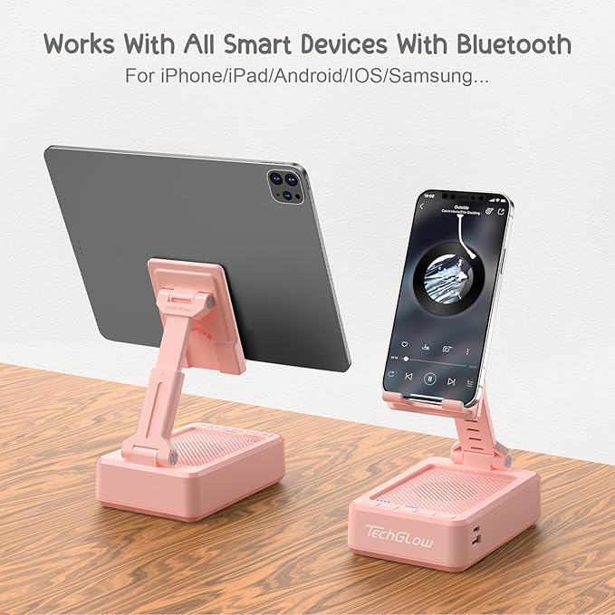 TechGlow Gifts for Men Women Foldable Cellphone Stand with Bluetooth Speaker and Power Bank Birthday Gift Idea for Mom Dad Cool Gadget Tech Gifts-Pink