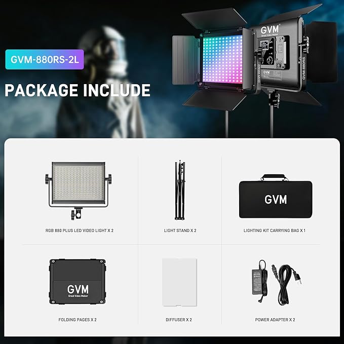 GVM RGB LED Video Light with Bluetooth Control, 60W Photography Studio Lighting Kit with Stands, 2-Packs 880RS Dimmable Led Panel Light for YouTube, Streaming, Gaming, 8 Applicable Scenes, CRI97